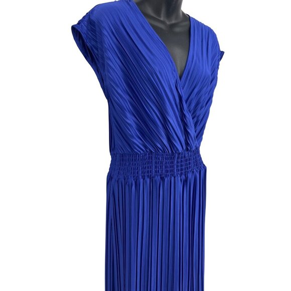 DKNY Blue Women Dress Size 12 Shift Midi Smocked Shutter Pleat Cap Sleeve New - Picture 5 of 10